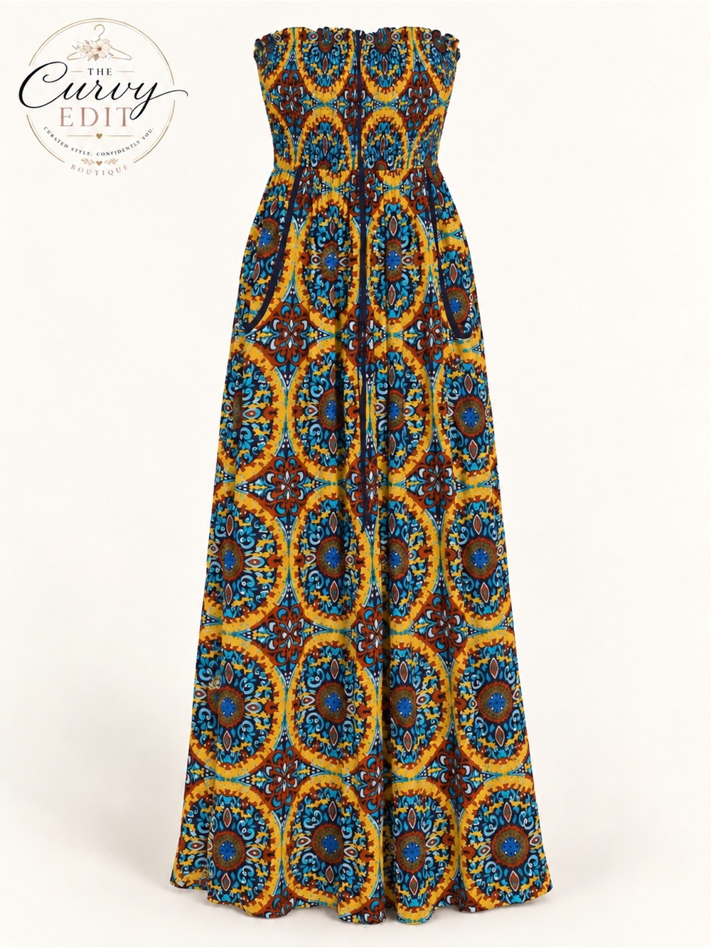 Band of Gypsies XS Boho Strapless Smocked Medallion Print Maxi Dress